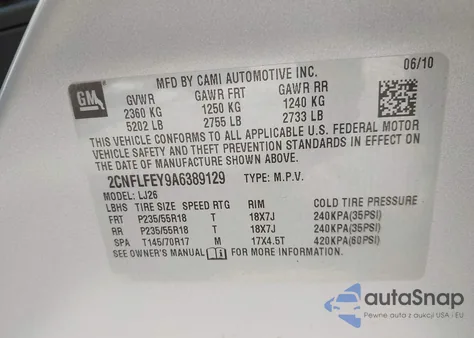 2010 Chevrolet Equinox Ltz z USA, uszkodzony, nr VIN 2CNFLFEY9A6389129